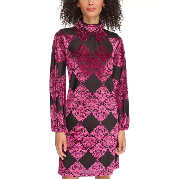 Vince Camuto Women's Burnout Velvet Balloon-Sleeve Chic Dress Black Fuchsia 10 - Picture 2 of 14